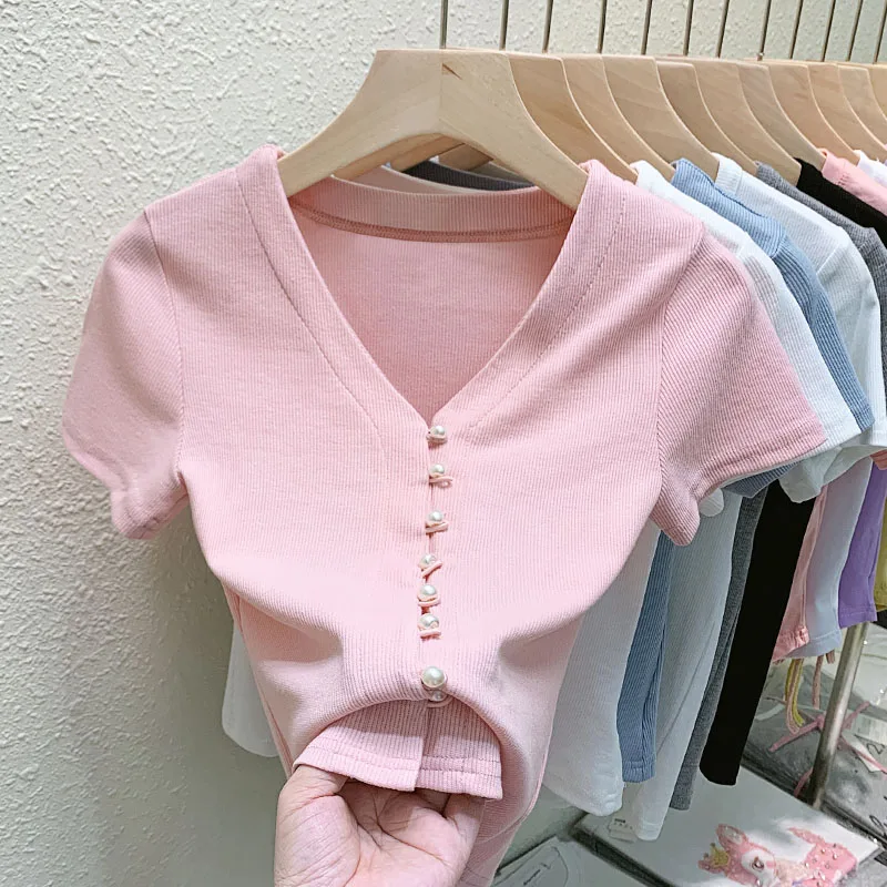 Summer T Shirts Women V-Neck Pearl Buttons Cropped Tshirt Tee Lady Solid Slim Cardigan Crop Top for Female