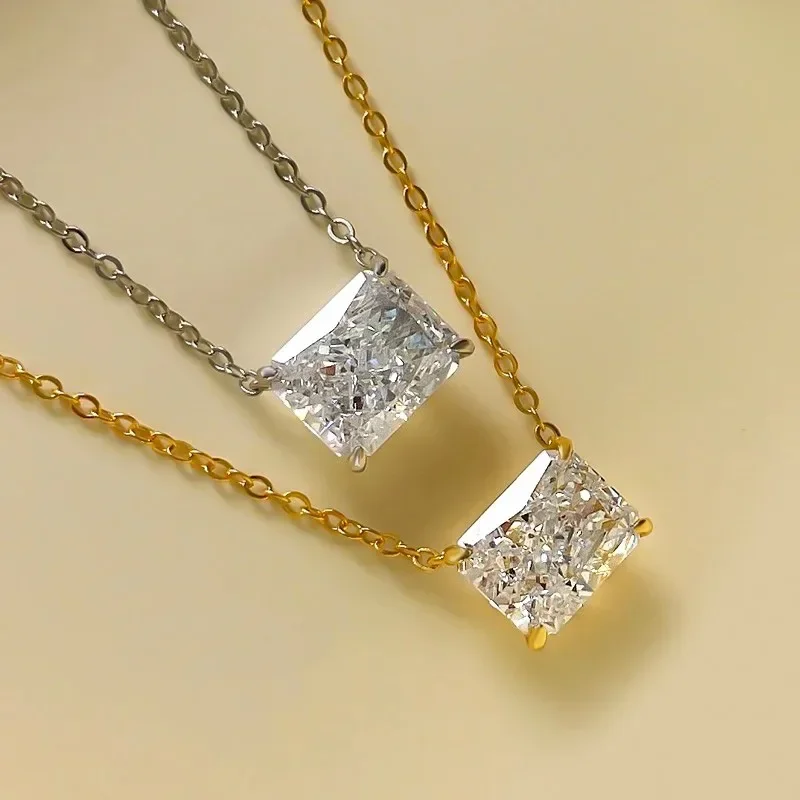 4 Carat Radian Rectangular Imitation White Diamond Necklace Gold-Plated Yellow Fashion Daily Inlaid Clavicle Chain X97 Jewelry