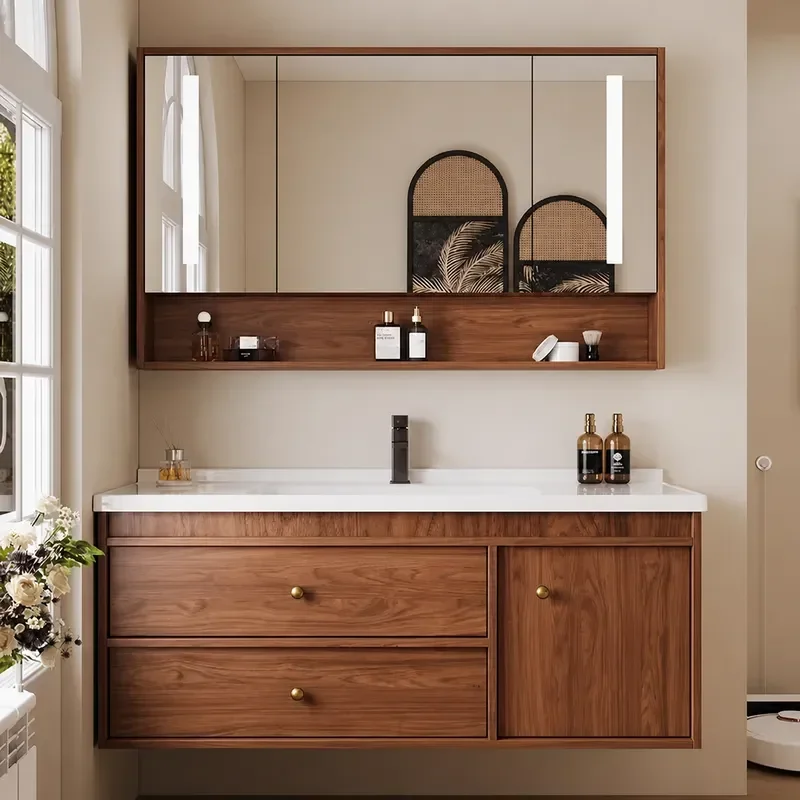 New Medieval Style Walnut Ceramic Integrated Basin Bathroom Cabinet Combo Washstand Hand Washbasin Vanity Unit Modern Design