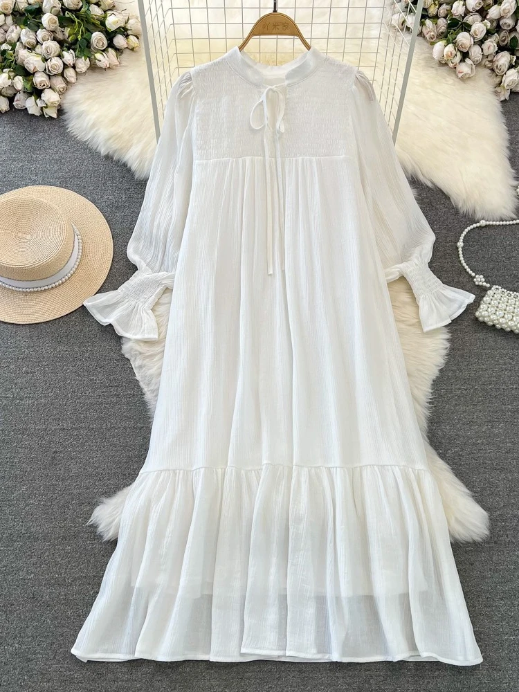 Elegant White Dress Women French Round Neck Long Sleeved Loose Long Dresses Ladies Spring Autumn Vintage Oversized Long Robe