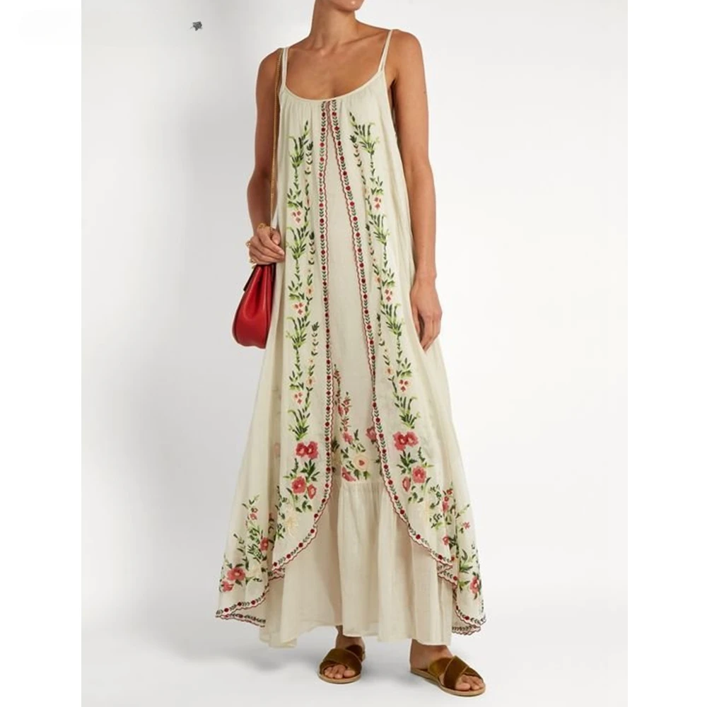 Printed Maxi Dress Women Big Swing Loose Print Stitching Strapless Spaghetti Strap Floor-Length Summer Dress