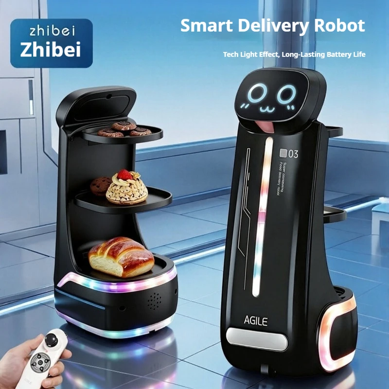 AGILE Food Delivery Robot Remote Control Electric Double Layer Tray Colorful Led Lights Sound Effect Home Snack Drink Transport