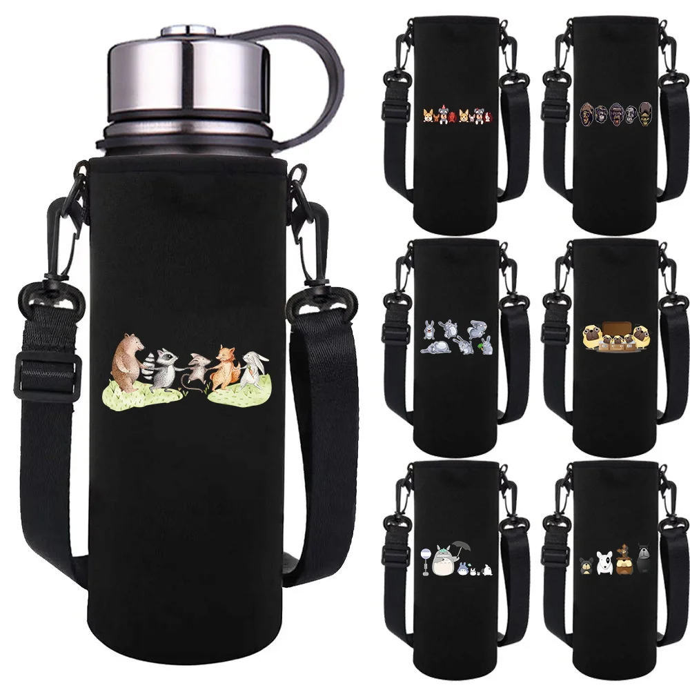 

550-1500ML Insulated Water Bottle Sleeve Adjustable Strap Cartoon Print Portable Outdoor Water Bottle Carrier for Hiking,Travel