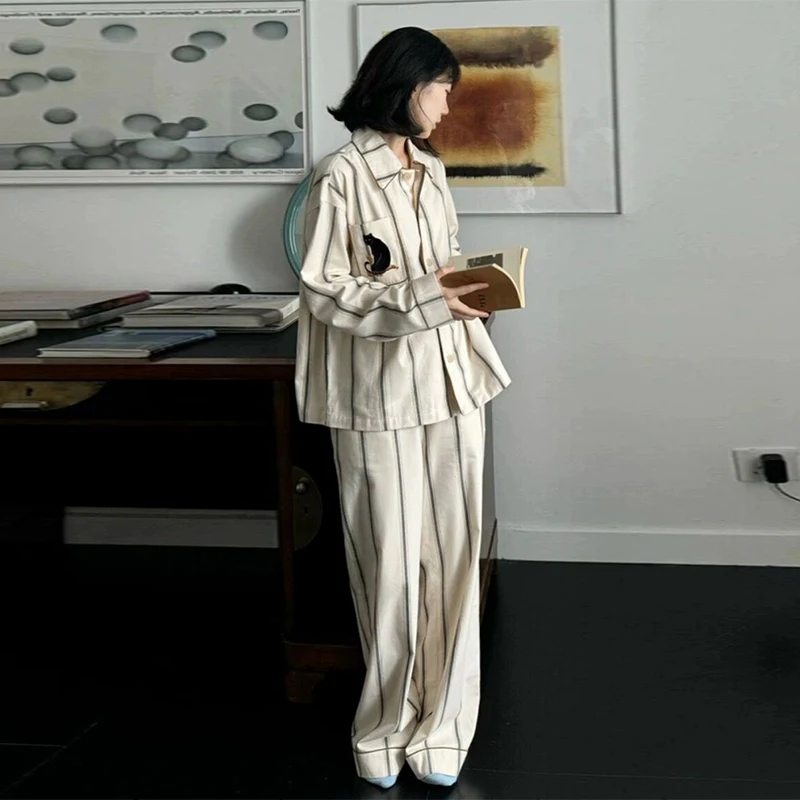 New Spring and Autumn Simple Striped Pajamas Set Women Cazy Long Sleeves Pants Home Clothes Suit