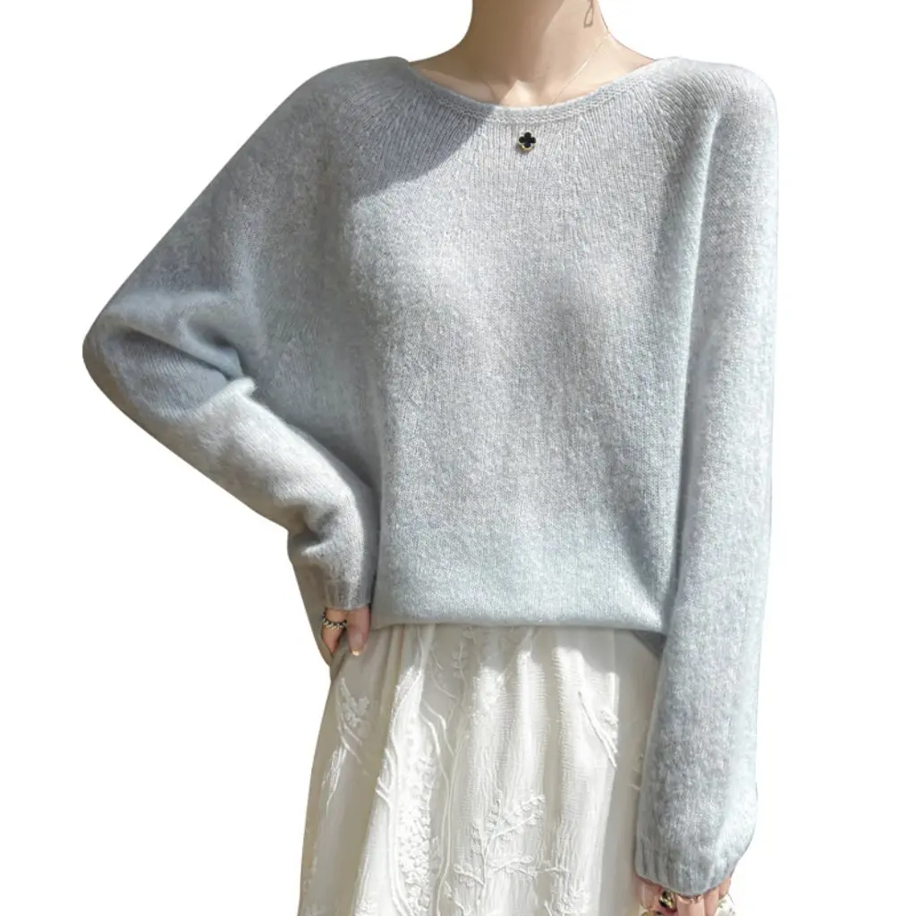 

Women's Thin round Neck Sweater Soft Waxy 77% Cashmere 23% Silk Seamless Loose Fit Casual Lazy Sweater