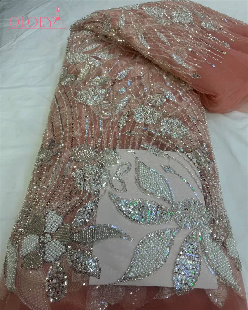 OLOEY High Quality Handmade African Lace Fabric with Beads And Sequins for Wedding Dresses And Parties Latest Fashion Trend