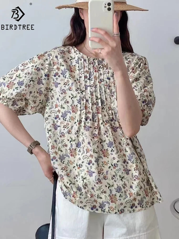 New Spring Cotton Casual Sweet Shirt Women Short Sleeve O-Neck Floral Top Girl Loose Commute OL Blouses 2024 Summer T45820QM