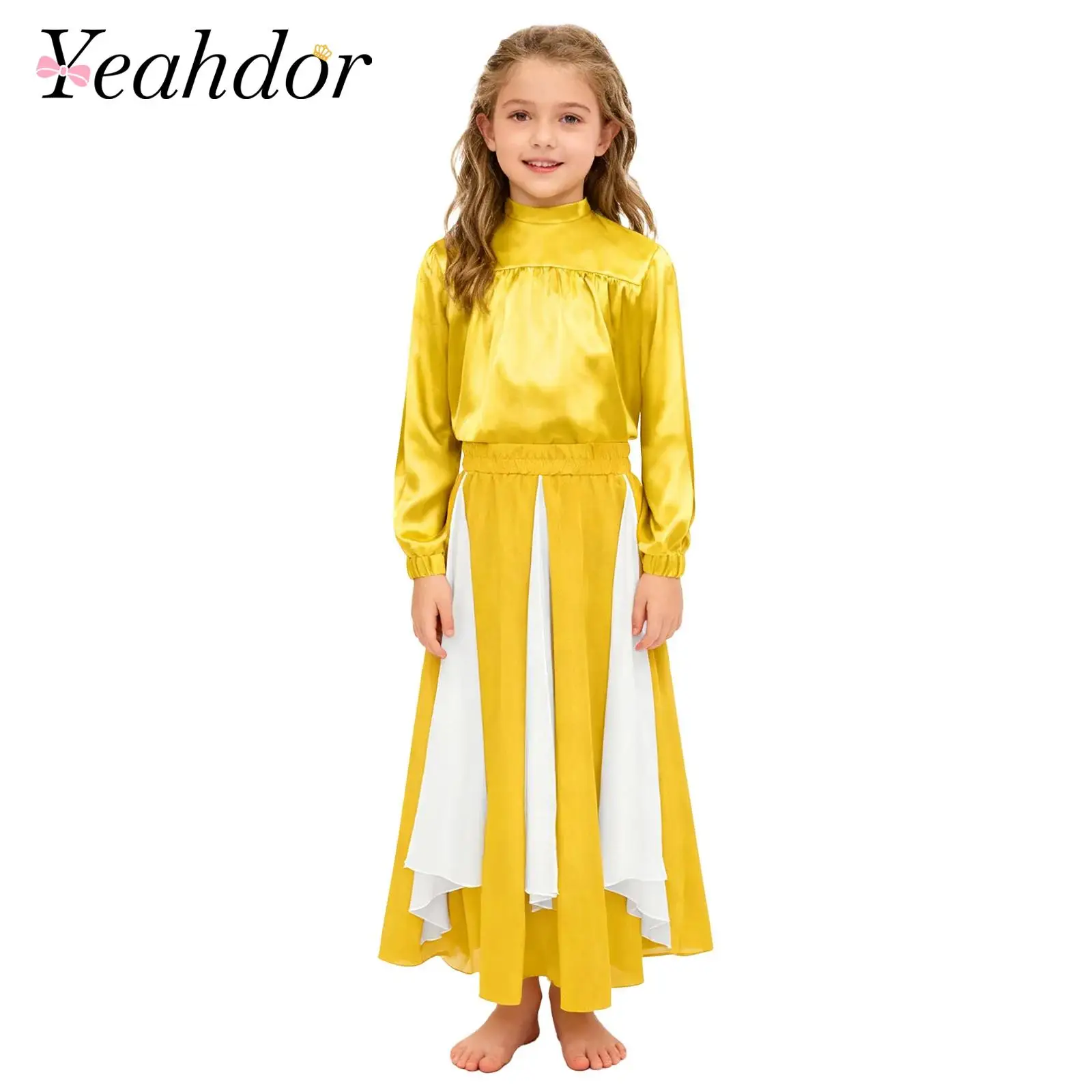 Kids Girls Praise Liturgical Dance Outfit Mock Neck Long Sleeve Church Choir Costume Tops + Skirts Dancewear Sets Worship Dress