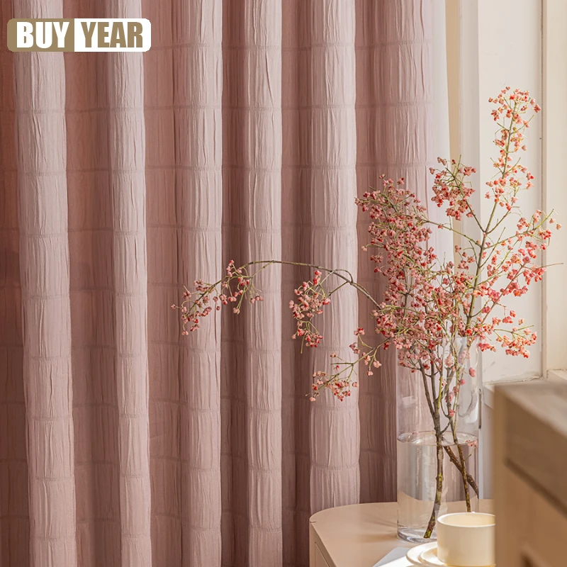 

Customized European Pink Bubble Folds Cloth Curtains Blackout Korean Simple Curtains for Living Dining room Bedroom Tulle Custom