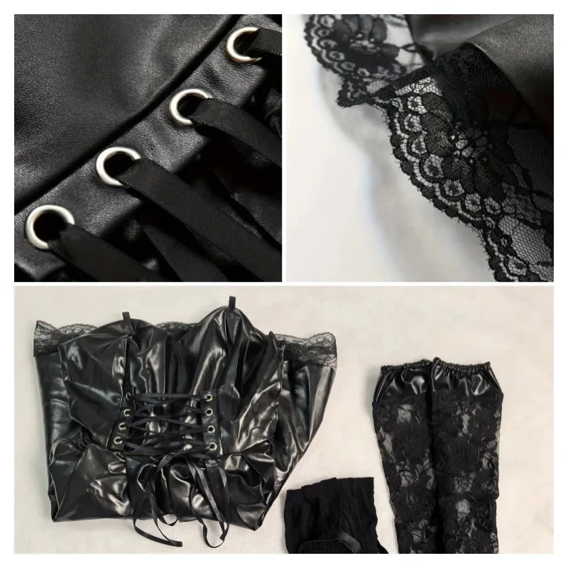 Misa Amane Cosplay Costume Death Note Leather Sexy Dress Outfit with Neck Jewelry Stockings Necklace Uniform Halloween Costume