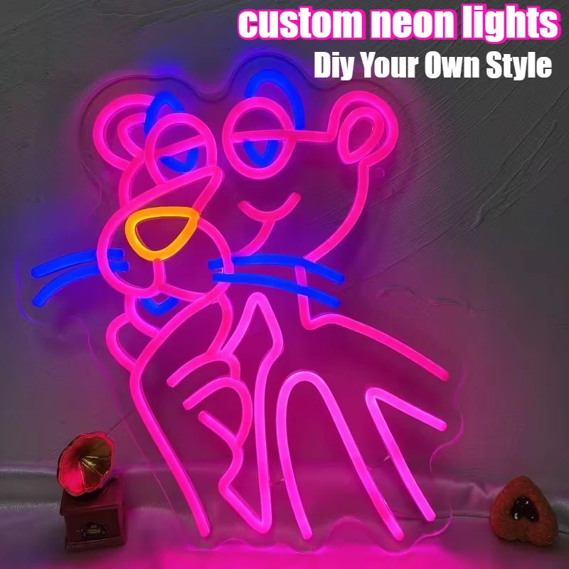 Barre lumineuse LED néon panthère rose, dessin animé, décoration de célébrités d'internet, lumière murale créative d'ambiance pour salle