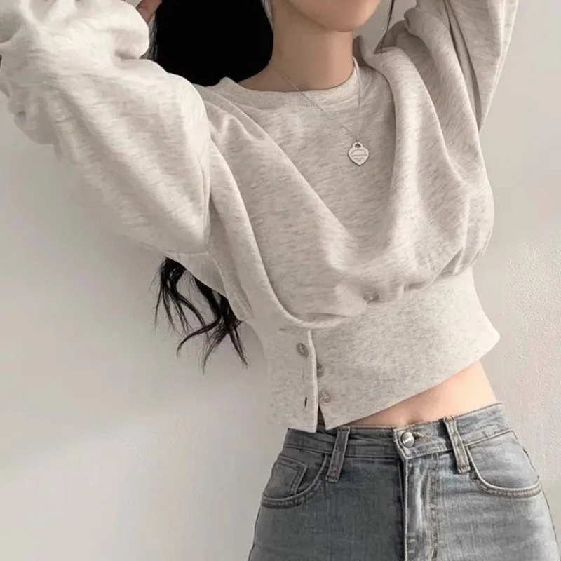 Autumn Winter Korean Style Short Button Sweatshirt Women Slim Waist Solid Simple Pullover Top Casual Daily Commute Outwear New