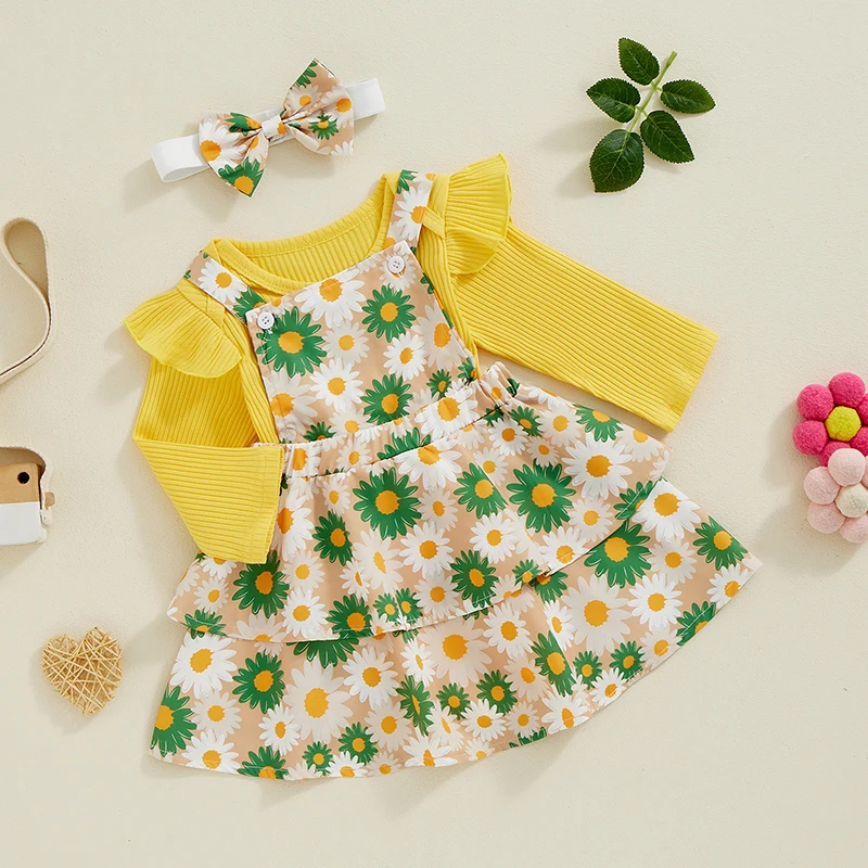 Conjunto de roupas de bebê menina, macacão de manga comprida, vestido floral suspenso, faixa bonito, roupa de outono para criança, 0-24 meses, 3 peças