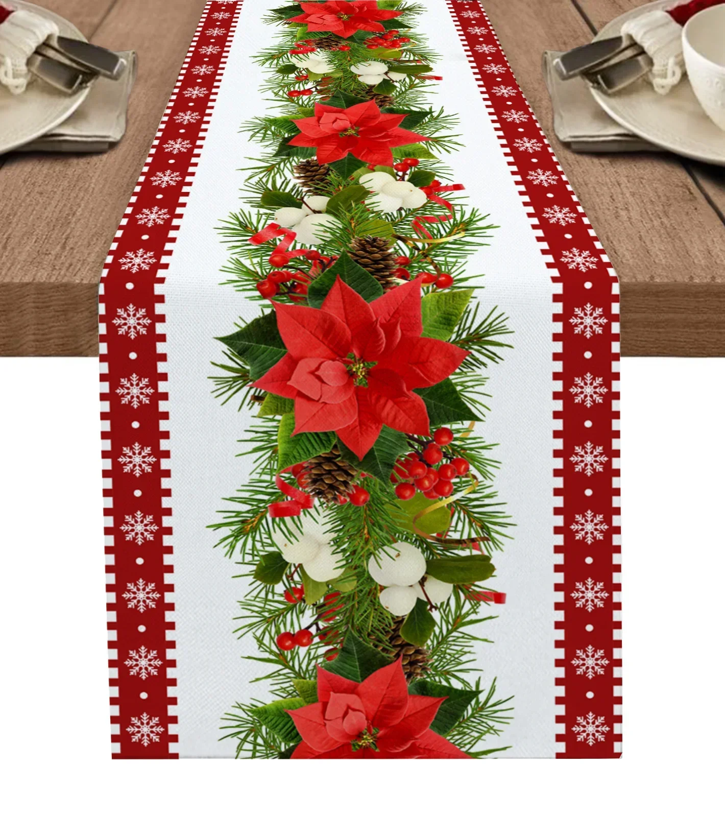 Christmas Poinsettia Pine Linen Table Runners Dresser Scarves Table Decor Winter Xmas Dining Table Runners Holiday Party Decor
