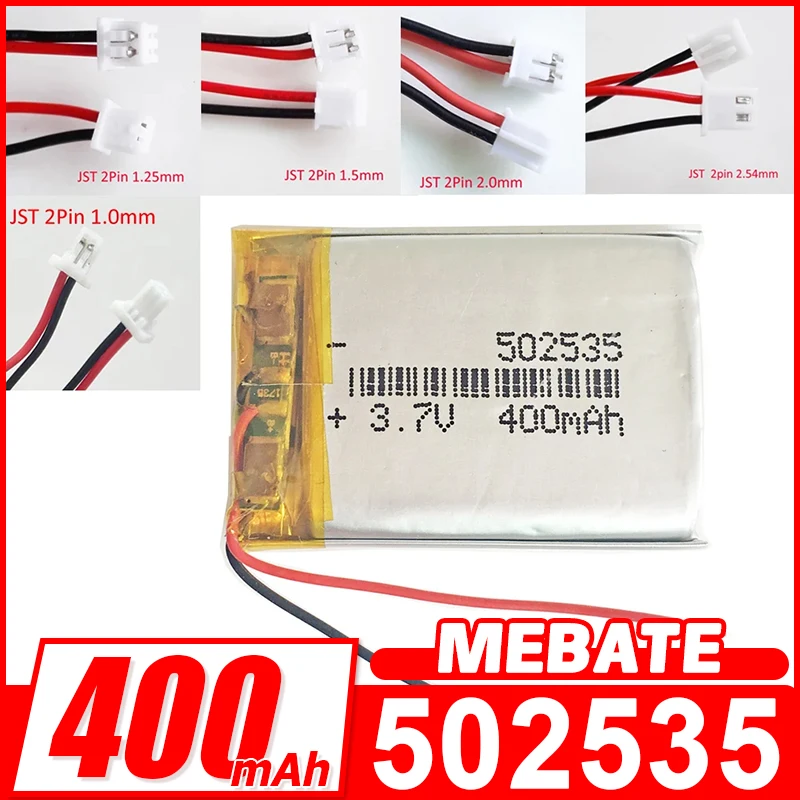

Аккумулятор LiPo 3.7V 400mAh 502535 с разъемом JST 2Pin для MP3-плееров, смарт-часов, GPS-устройств, Bluetooth-колонок, гарнитур, камер, светодиодных фонарей