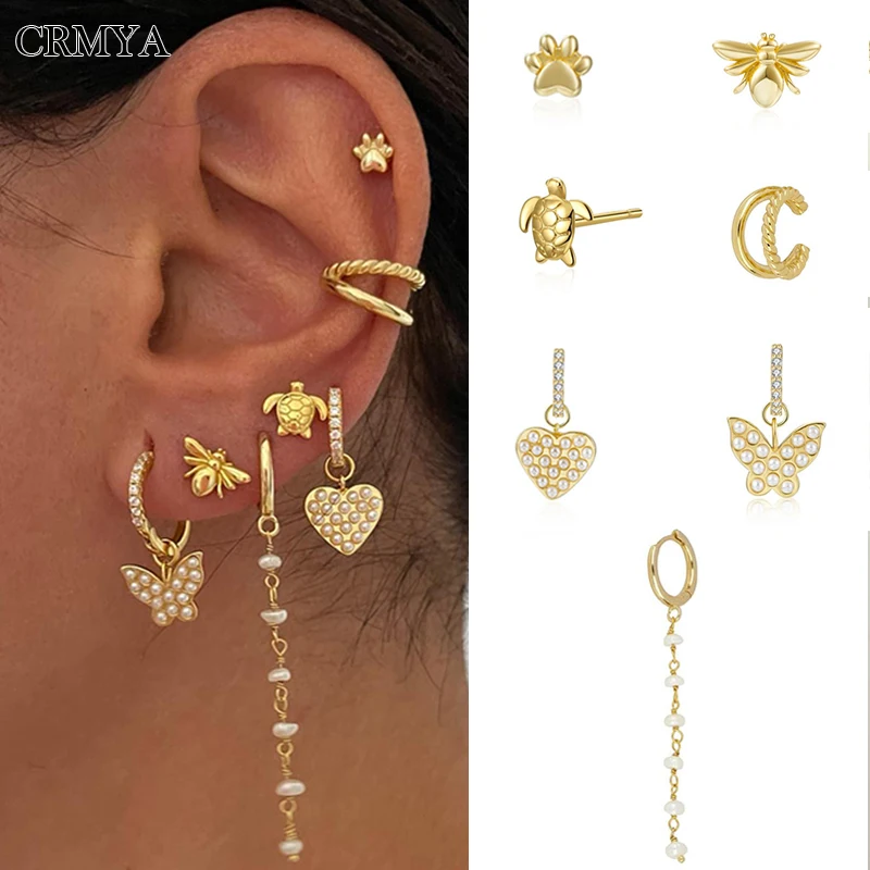 CRMYA Gold color Turtle Cat Paw Bee Stud Earrings For Women Piercing Heart Butterfly Dangle Ear-Ring 2023 Jewelry Wholesale