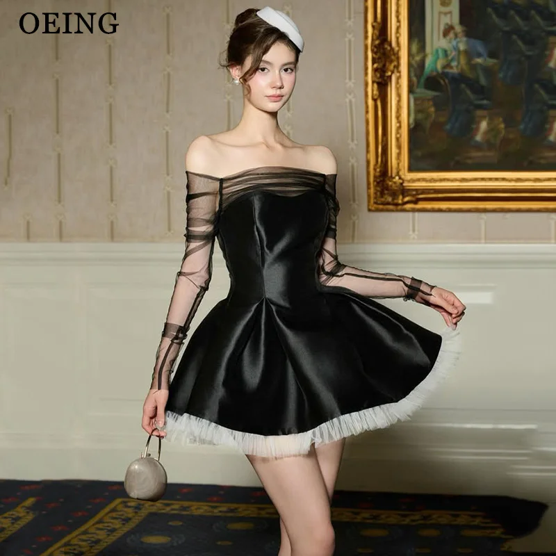 

OEING Princess A-Line Prom Dresses Off Shoulder Black White Satin Birthday Party Dress платье вечернее Customized