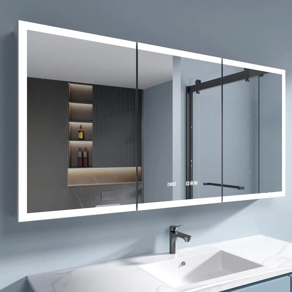 

LED Medicine Cabinet Mirror, 60x30 Inch Bathroom Storage, Reced/Wall Mount, Plug-in/Hardwired, 3 Color Dimmable Light, Anti-og,