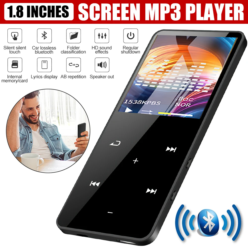 Bluetooth MP3 MP4 Music Player 1.8 Inch LCD Screen Portable Audio Walkman FM Radio Alarm Clock Recording E-Book Built-in Speaker