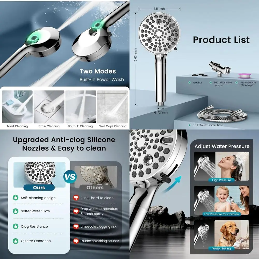 

High-Pressure Handheld Shower Head with 11 Modes, Hard Water Filter, Anti-Clog Nozzles, and ON/OFF Switch for Pets and Chlorine