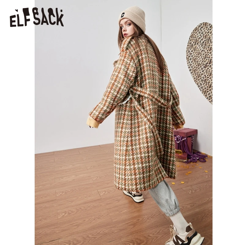 ELFSACK Tweed Elegant Wool Coats Women Winter Mid-length Coats