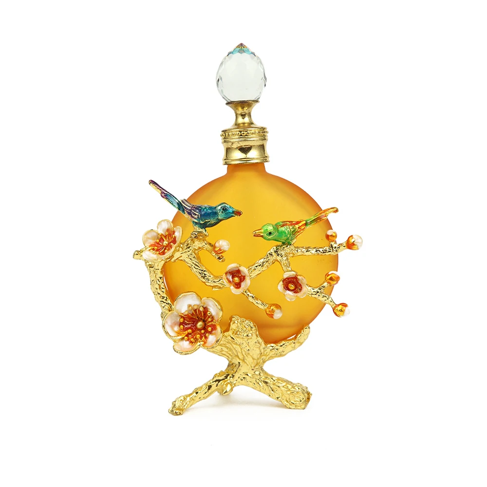 1pc Perfume Bottle 30ML/1oz Yellow Glass Exquisite 3D Enamel Birds Flower Branch Pattern Clear Crystal Cap Old Fancy Vintage