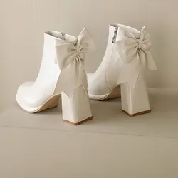 Bottes de rinçage à talons hauts pour femmes, plate-forme, nœud papillon arrière, chaussettes courtes fines, chaussures de soirée punk décontractées pour dames, automne, hiver