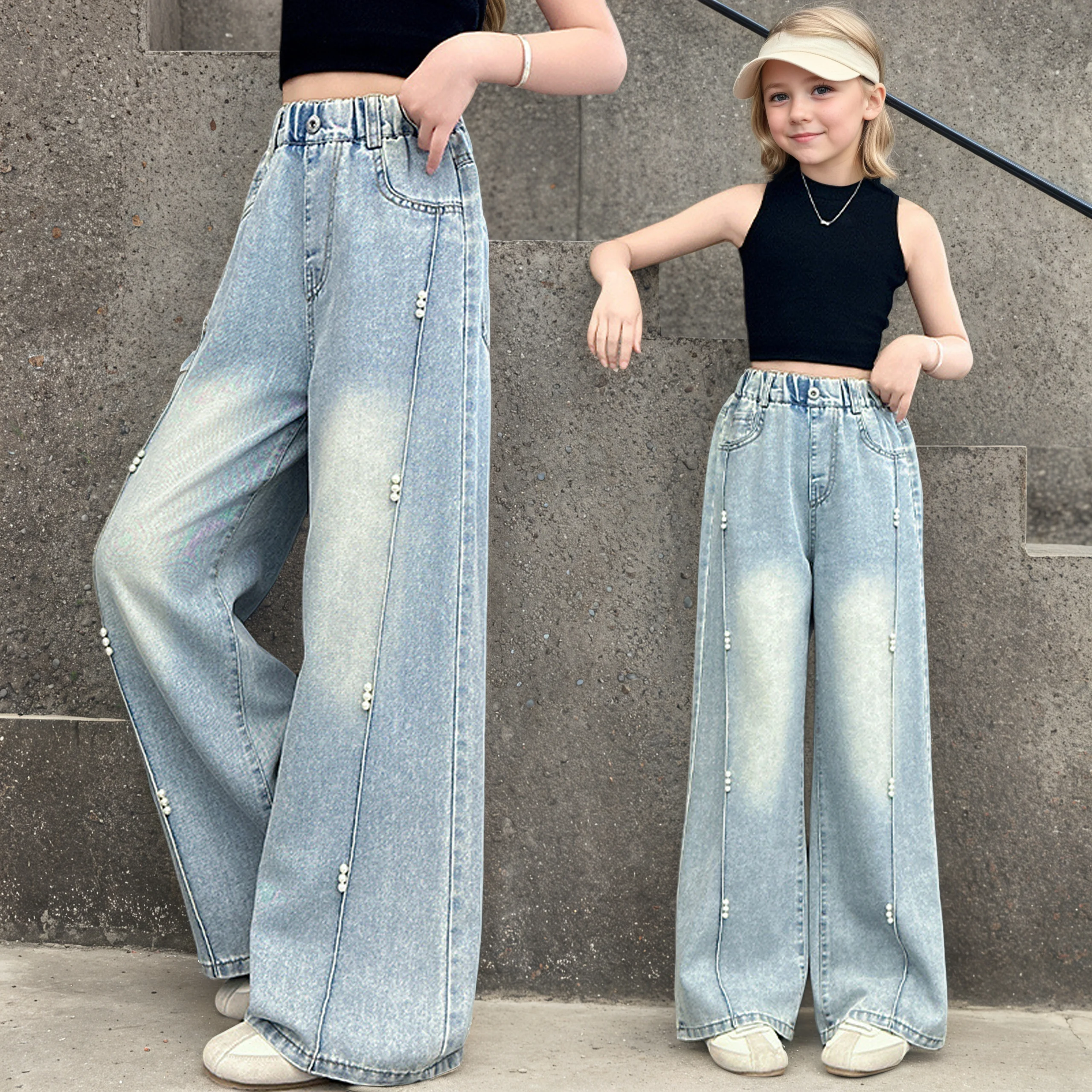 Girls' versatile order pearl wide-leg pants 2025 new product fashionable and versatile medium and large children's slimming wide