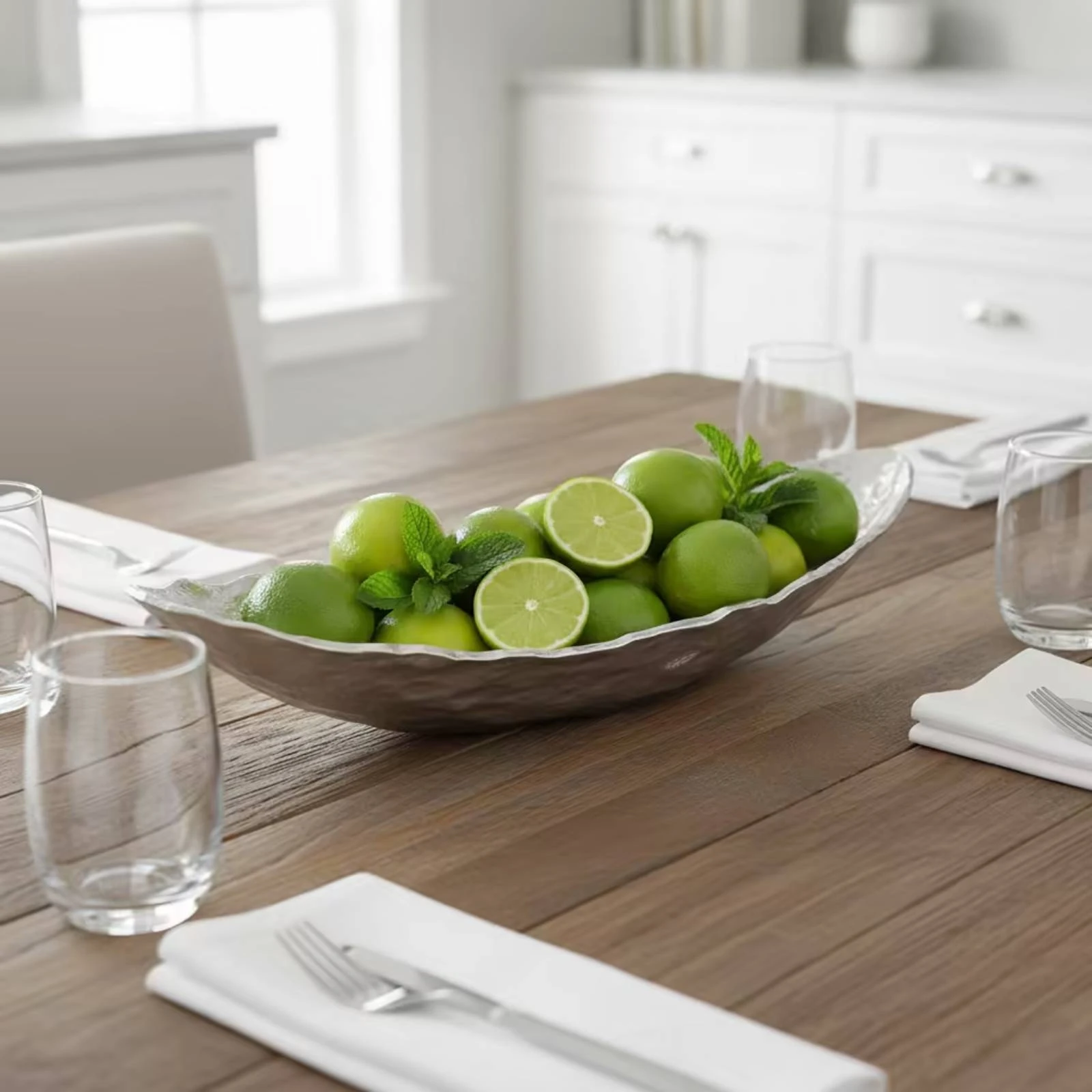 Boat-Shaped Tray Silver Tray with Hammered Texture Fruit Dish Minimalist Transitional for Dining Table, Console