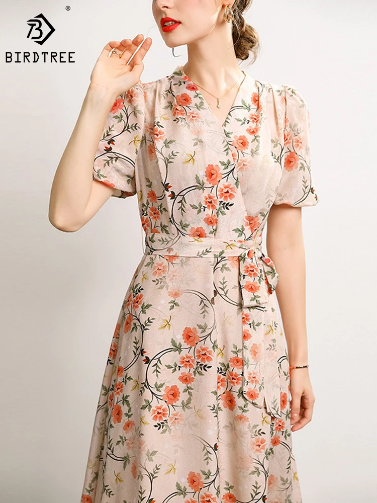 

Birdtree 100%Mulberry Natural Crepe Silk Dress Summer Floral Print V Necks Belted Slim Short Sleeves A-Line Midi Dresses D34825C