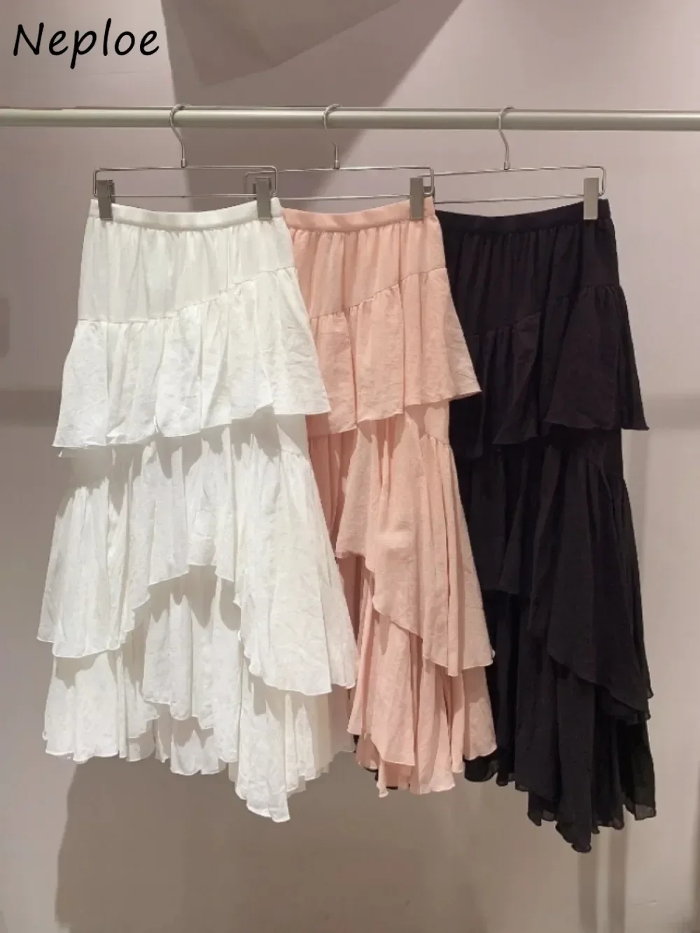 

Neploe Autumn New Sweet A-line High Waist Skirt Ruffles Mid-length Stack Irregular Mujer Faldas Japan All-match Chiffon Faldas