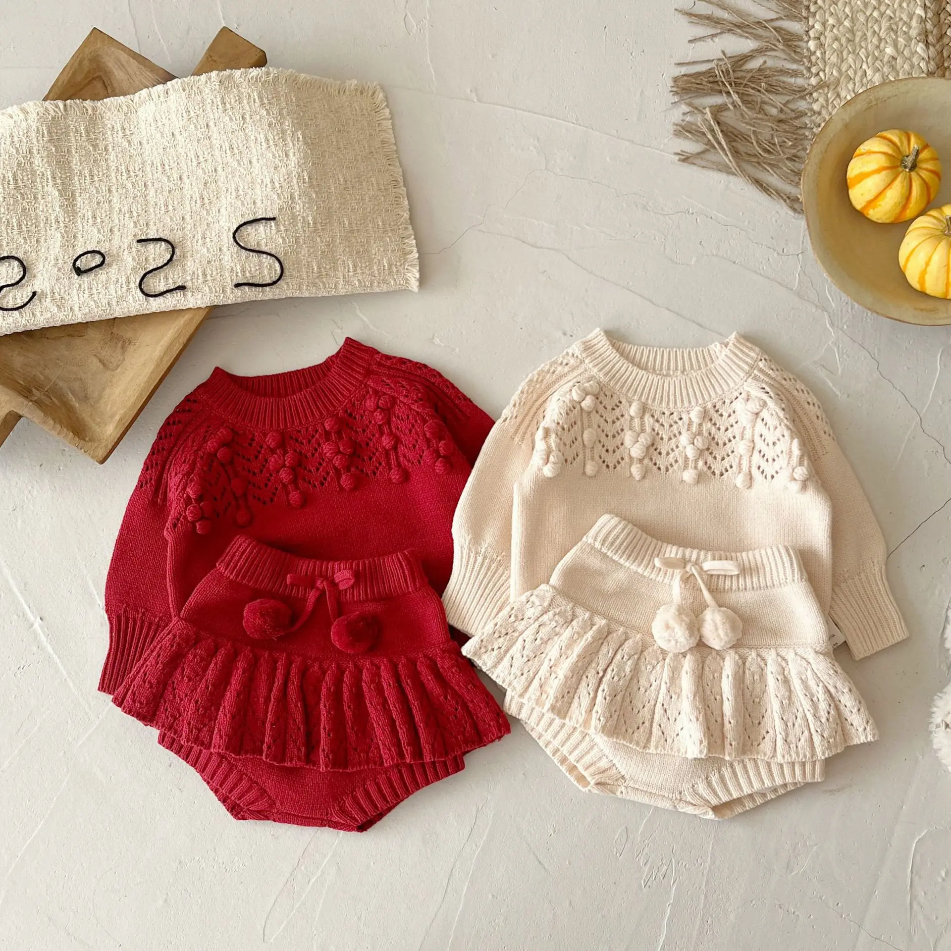 Fall 2025 Baby Girls Neck Pullover Sweater + Bubble Ball Skirt Shorts 2-Piece Knitted Set Lace Trim Cute Outfit for 0-24 Months