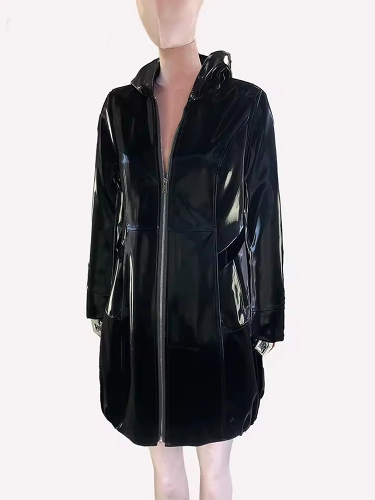Mauroicardi Spring Shiny Reflective Hard Red Patent Pu Leather Jacket Women with Hood Zipper Black Luxury Designer Streetwear