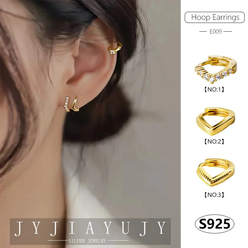 

JYJIAYUJY 100% Sterling Silver S925 Hoop Earrings V Shape Three Style White Zircon Fashion Hypoallergenic Jewelry Gift E009