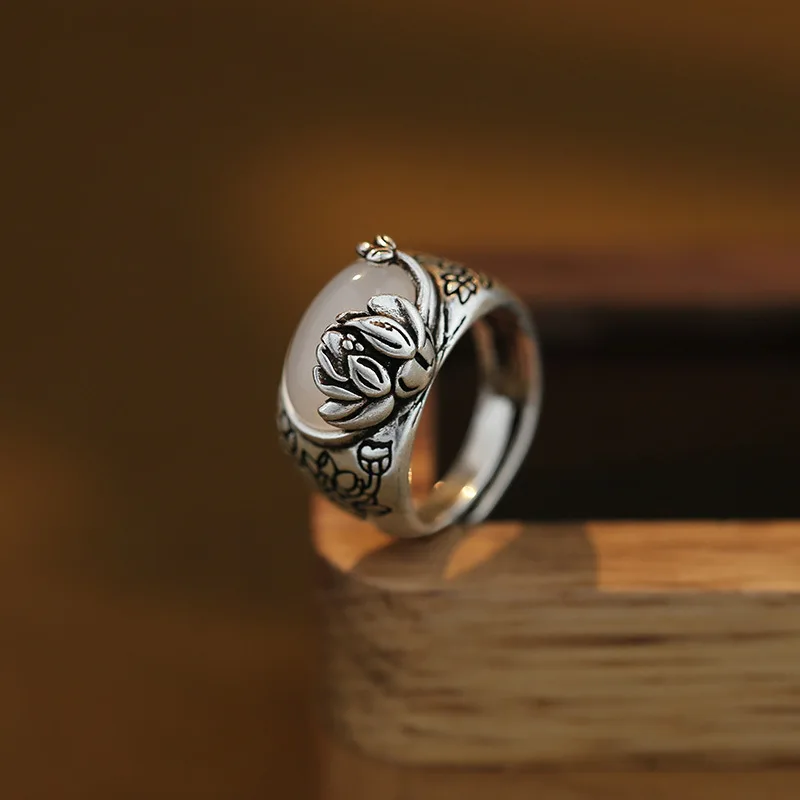 

Кольцо из натурального белого нефрита Marrow с цветком лотоса для женщин, изысканное, модное и универсальное новое кольцо в китайском стиле