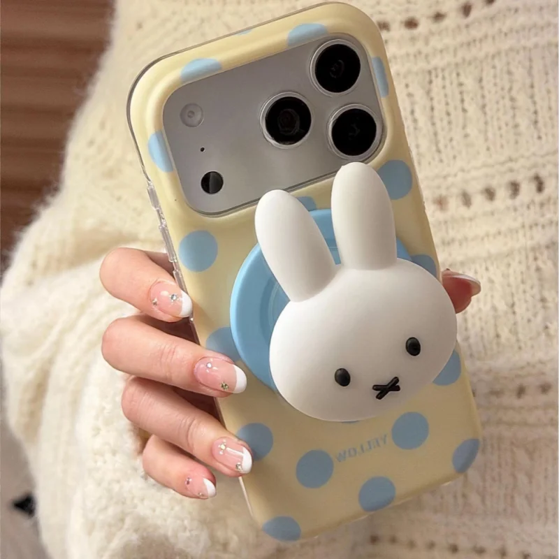 Pink Black White Polka Dots Magsafe Wireless Charge Phone Case For iPhone 13 14 15 16 17 Pro Max 3D solid Miffy Magnetic Cover﻿