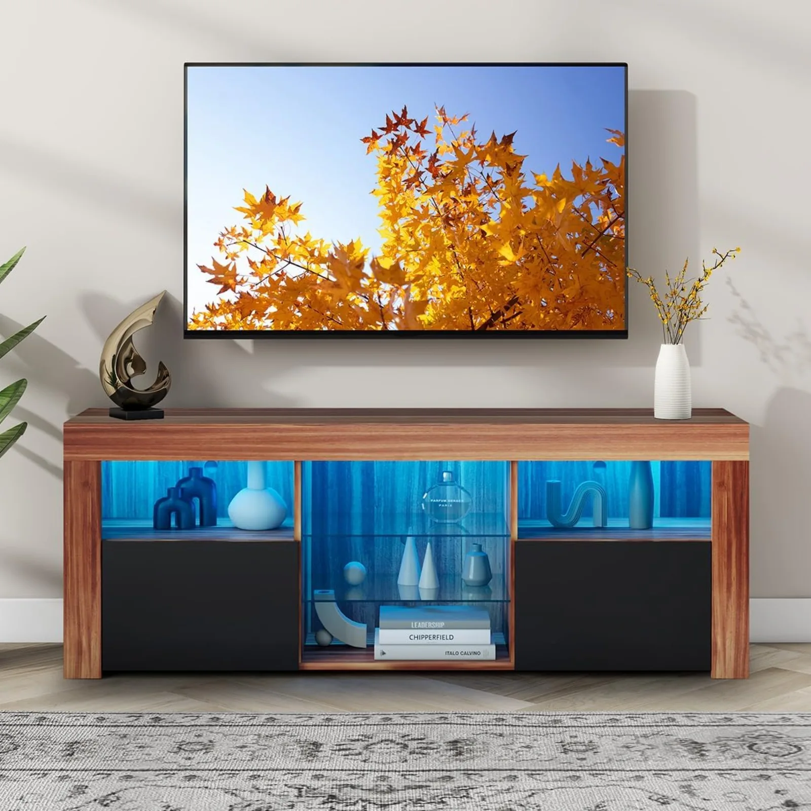 US Airdown Stand 65 Inch, Modern High Gloss Entertainment Center with Glass Shelf,