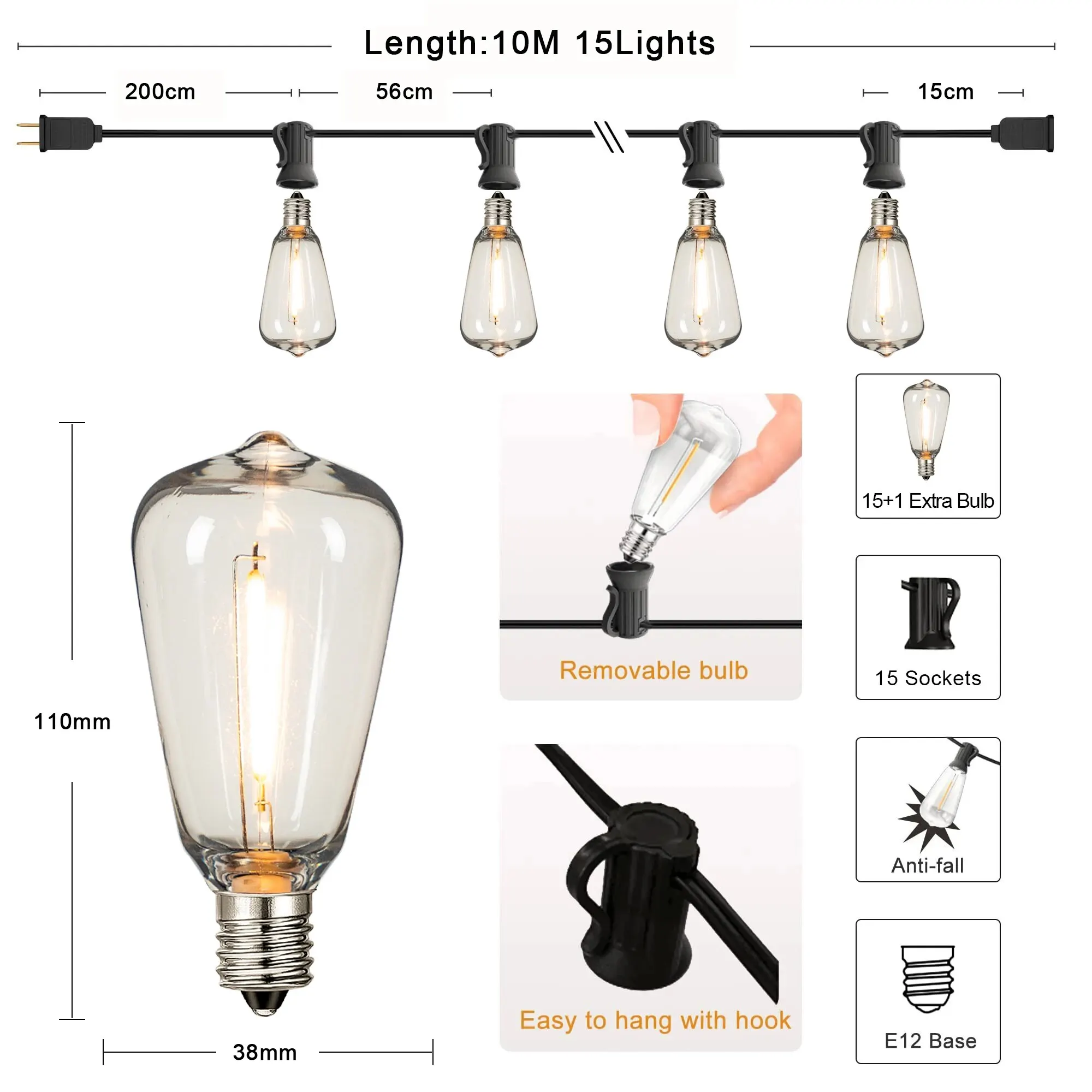 ST38 Lichtslingers Buitenslinger Aansluitbaar Onbreekbaar Waterdicht Plastic LED-lamp Dimbaar Patio Tuin Decor Fairy Lighst - afbeelding 1