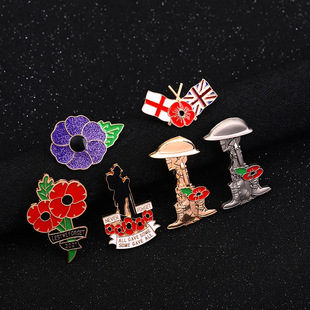 Classic 7Styles Remembrance Day Enamel Pins Lest We Forget Poppy Flower Golden Brooches Soldier Shaped Badge