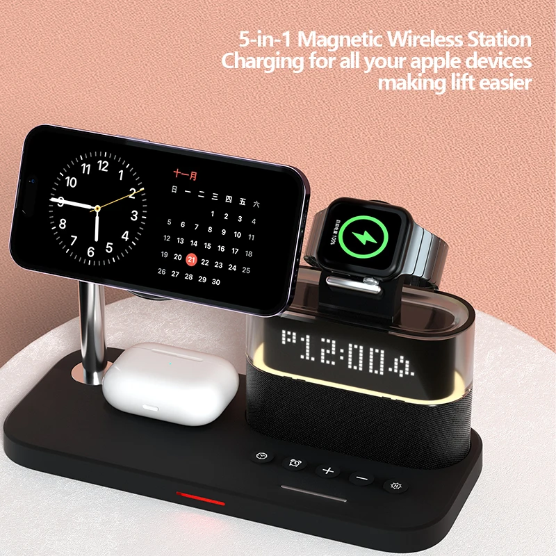 RGB 5 in 1 Clock iPhone 15 14 Wireless Charger Station With Temperature for Apple Watch S9 Night Light Charging Stand Dock