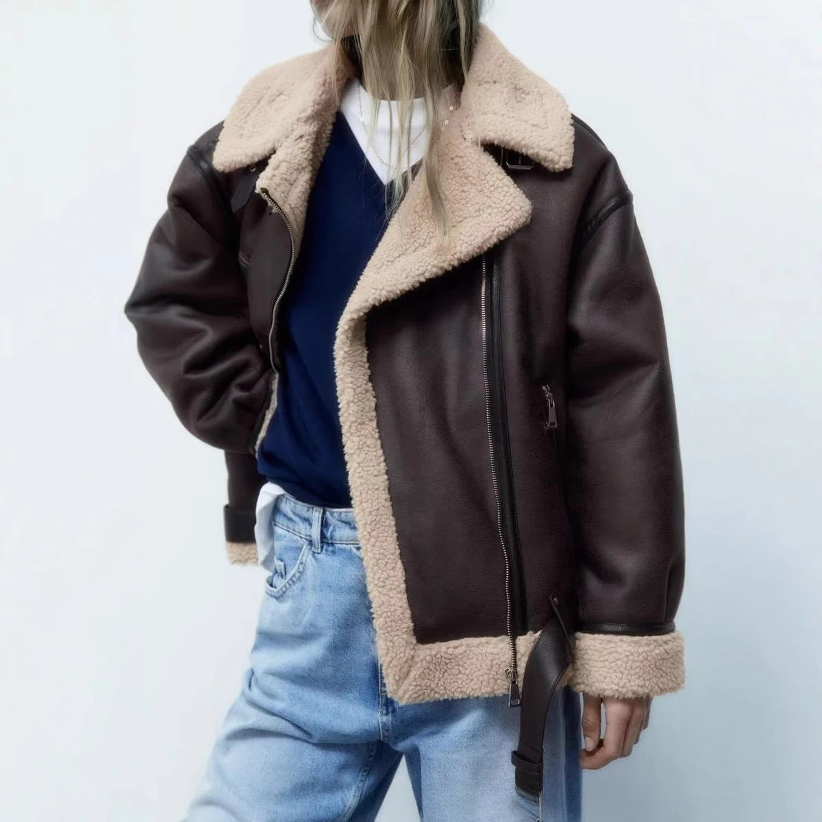 Chaqueta compuesta con cremallera y cinturón, gruesa, resistente al viento e impermeable, con abrigo de piel y piel integrado