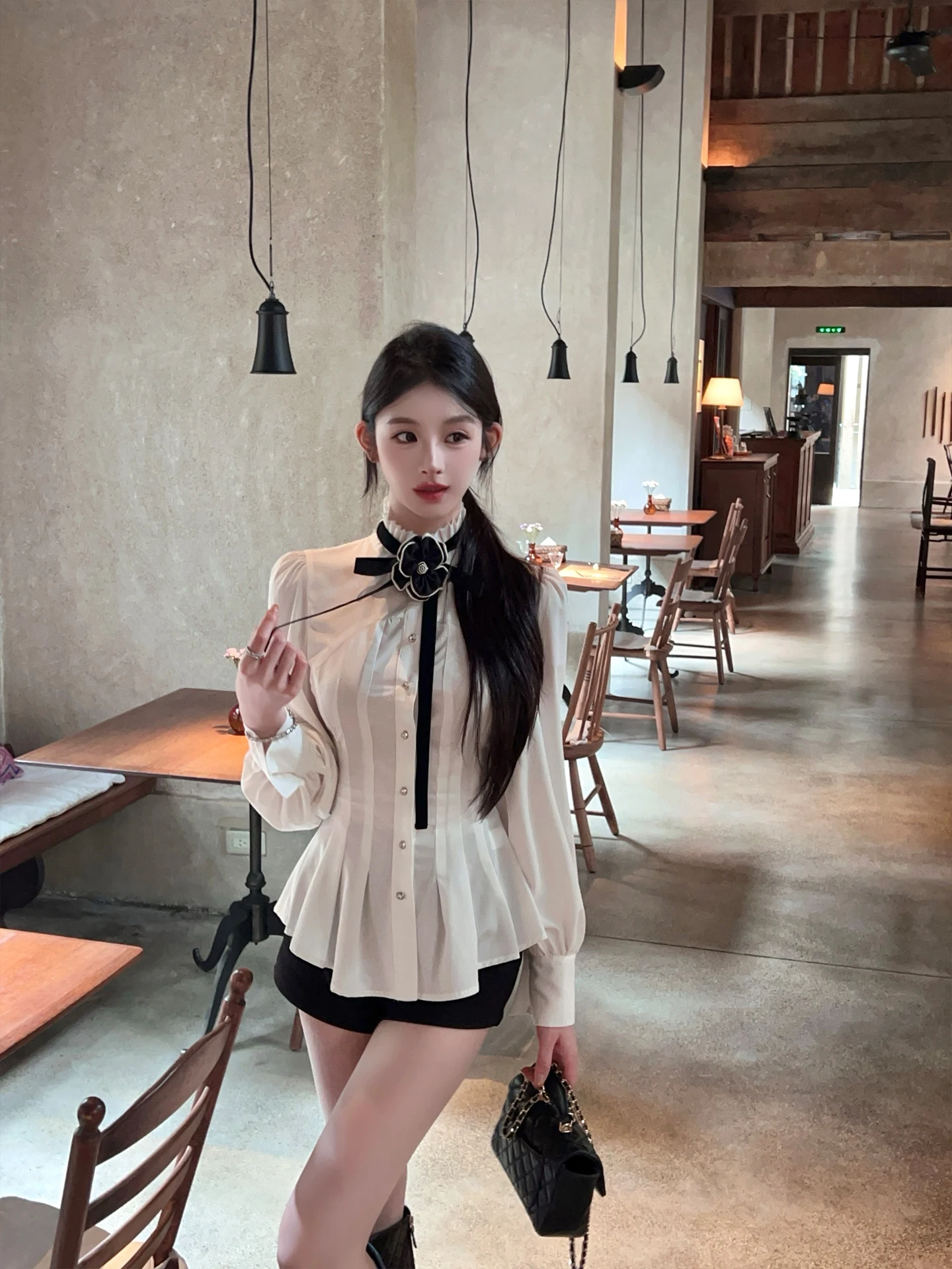 

FairyJiang Winter Court Sle плиссированный воротник-стойка с цветочным принтом, белый женский светильник-фонарь Све с завязкой на талии irt