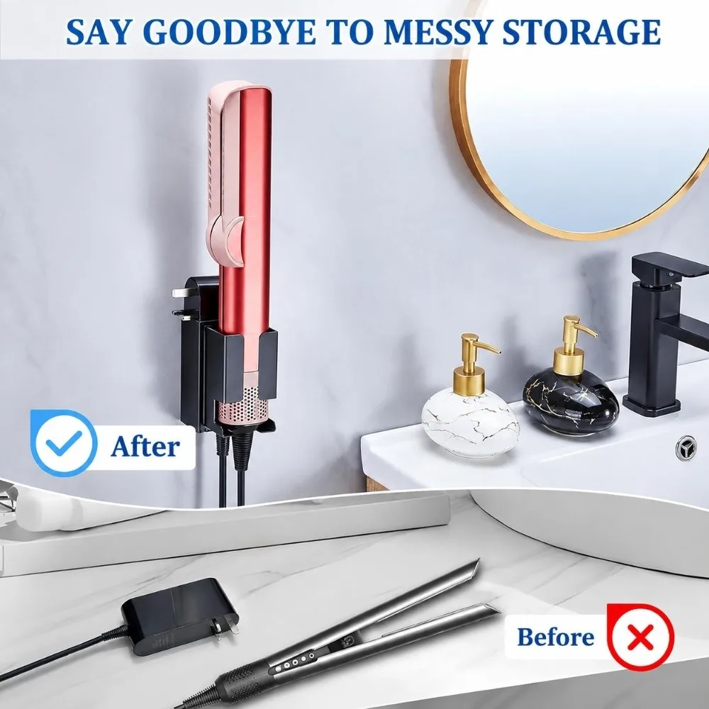 Stainless steel Hair Dryer Holder Black Space Saving Hair Straightener Holder Wall Mounted Easy Install Hair Tools Holder