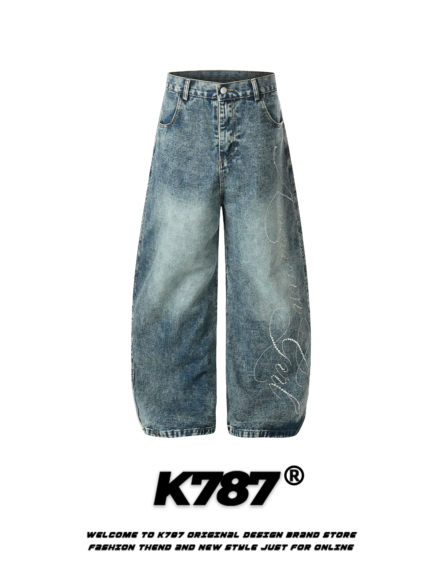 

Брюки K787 в американском ретро-стиле с лазерной алмазной отделкой, повседневные, с высокой талией, широкие, в пол, свободного кроя, унисекс, модные, брендовые, стройнящие