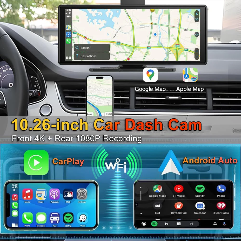 7/10.26 Inches 4K Car DVR Dual Lens Dashboard Camera Wireless Carplay Android Auto Voice Control GPS Navigation Wifi FM AUX