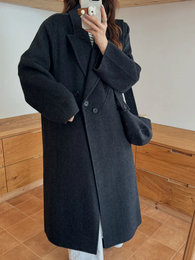 ZMEENNA レディース ロング ウール ブレンド コート ダブルブレスト 暖かい 冬 アウター エレガント ルーズ フィット クリーム ベージュ マキシ ZM4435