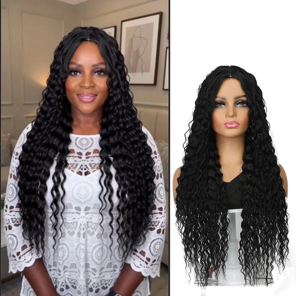 

Black Women's Long Deep Curly Synthetic Wig 30 Inches Deep Wave Middle Part Hair Wig Heat Resistant