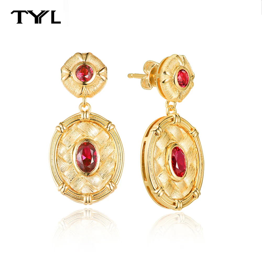 TYYL Vintage Court Golden Drop Earrings for Women Created Ruby Earring with Stones Gold Woven Design Wedding Bridal Jewelry New