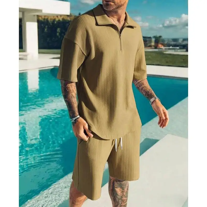 Loose Fit Trendy  Shirt And Shorts Set Summer 2026 Cross-Border 3D Print Stand Collar Korean Style Casual Wear for Men