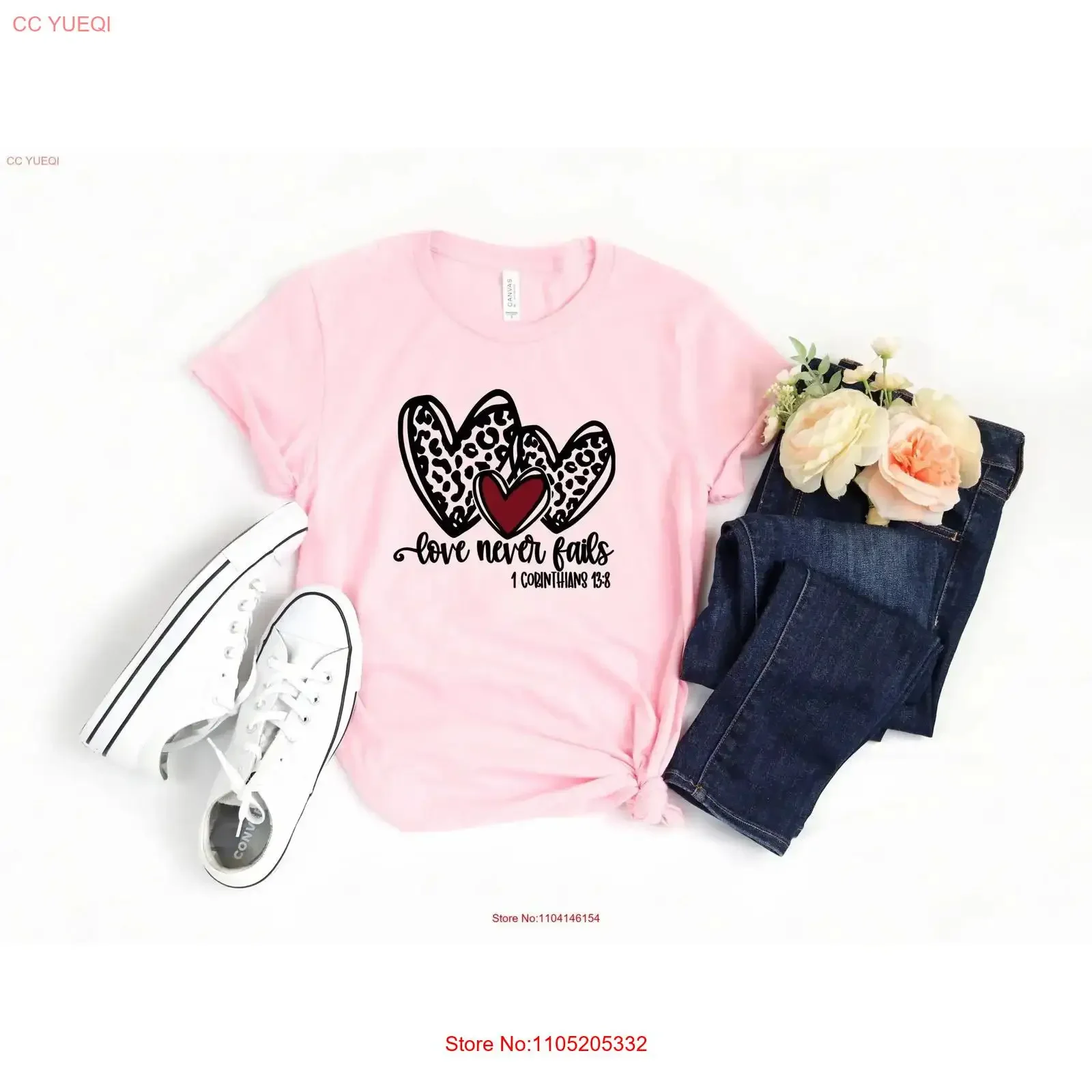 Amor nunca falha dia dos namorados camiseta leopardo coração cristão doce 1 corinthianos 13 8 versículo da bíblia fé inspirada para ela